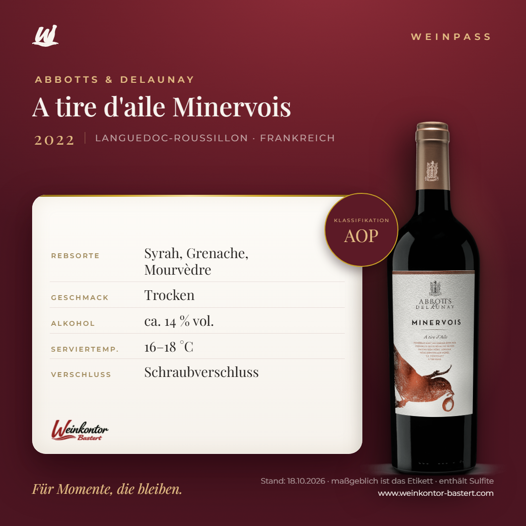 A tire d'aile Minervois AOP Abbotts & Delaunay – Languedoc-Roussillon – Weinpass | Weinkontor Bastert