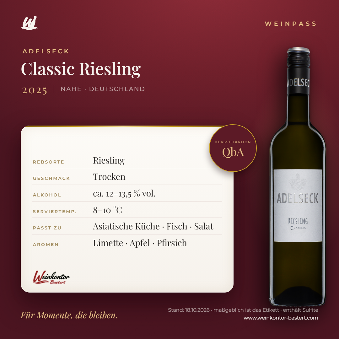 Classic Riesling Adelseck QbA – Nahe – Weinpass | Weinkontor Bastert