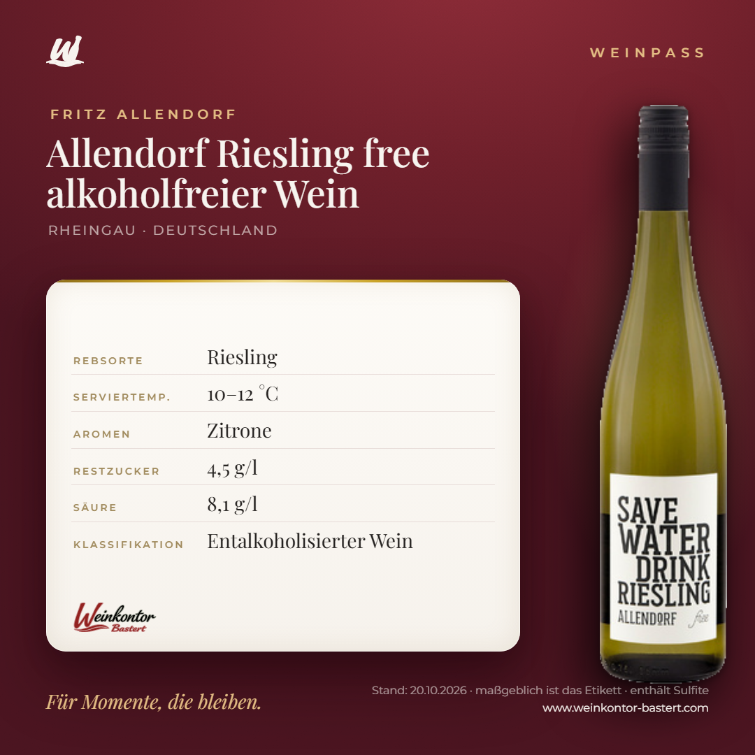 Allendorf Riesling free alkoholfreier Wein – Rheingau – Weinpass | Weinkontor Bastert