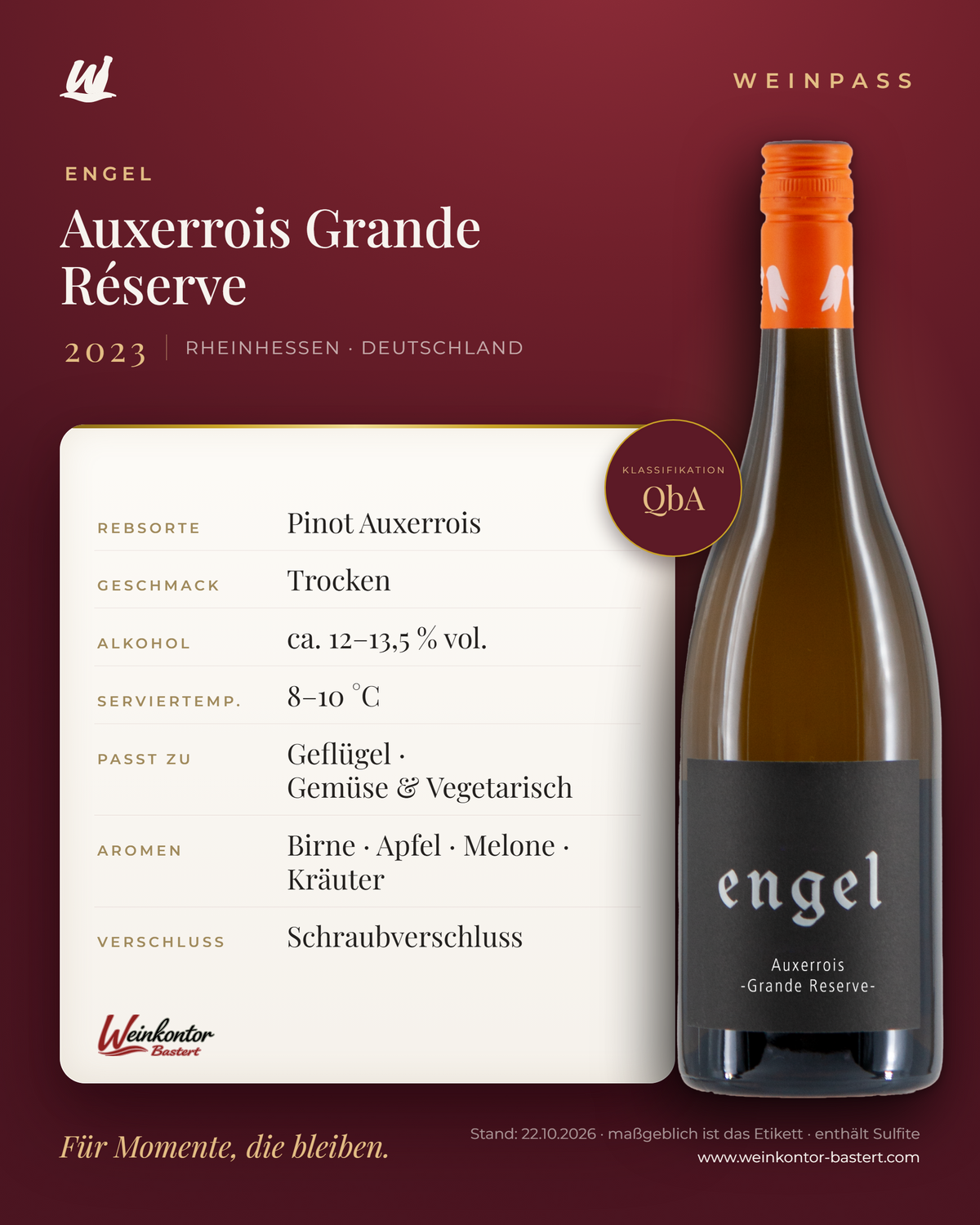 Auxerrois Grande Réserve Engel QbA – Rheinhessen – Weinpass | Weinkontor Bastert