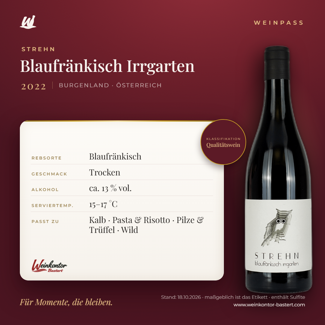 Blaufränkisch Irrgarten Strehn Qualitätswein – Burgenland – Weinpass | Weinkontor Bastert