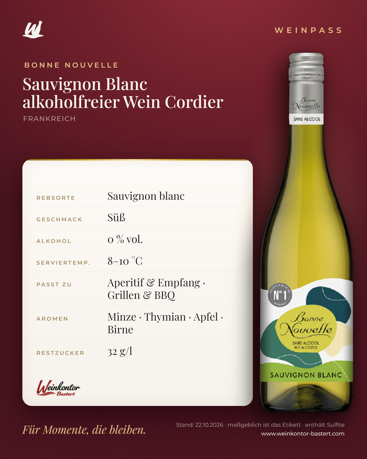 Bonne Nouvelle Sauvignon Blanc alkoholfreier Wein Cordier – Vin de France – Weinpass | Weinkontor Bastert