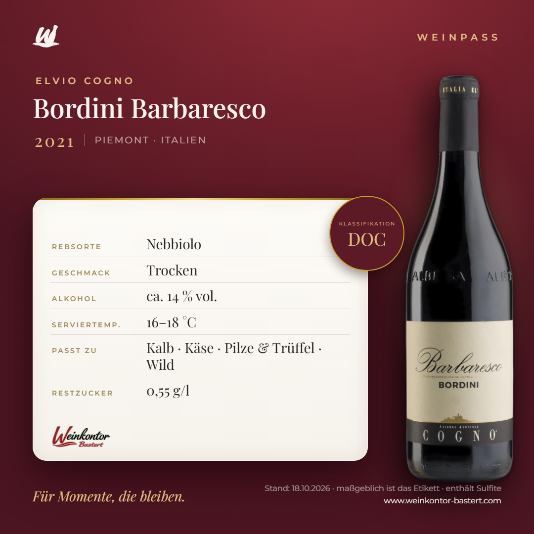 Bordini Elvio Cogno Barbaresco DOC – Piemont – Weinpass | Weinkontor Bastert