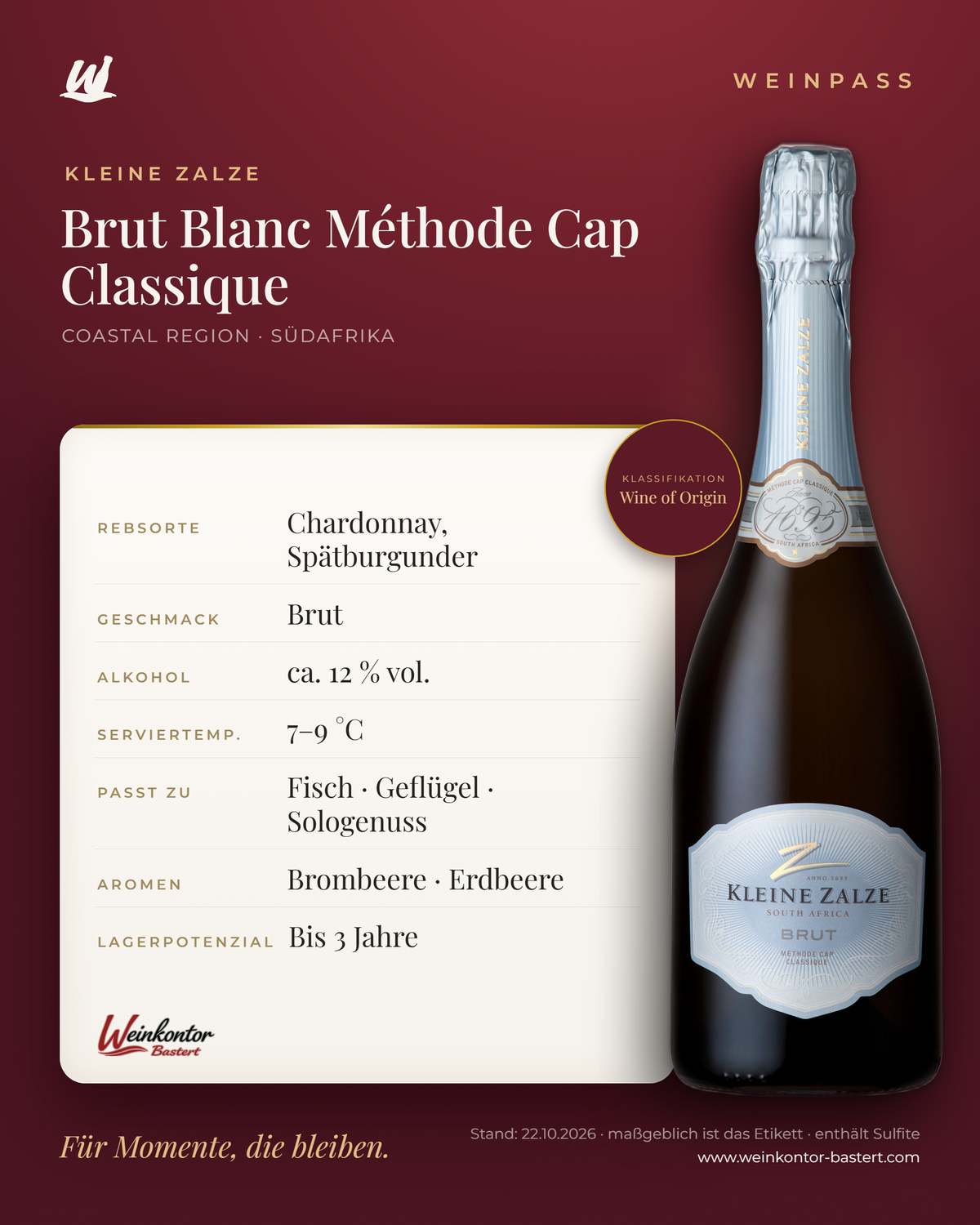Brut Blanc Méthode Cap Classique Kleine Zalze – Coastal Region – Weinpass | Weinkontor Bastert