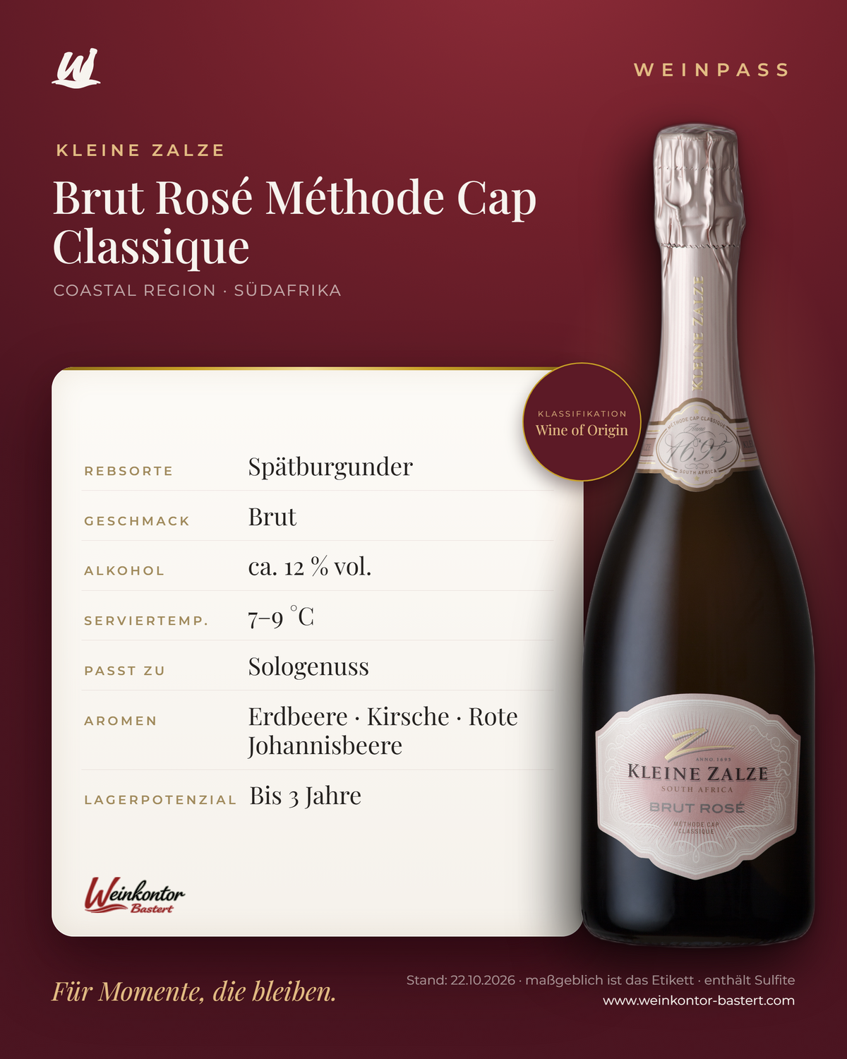 Brut Rosé Méthode Cap Classique Kleine Zalze – Coastal Region – Weinpass | Weinkontor Bastert