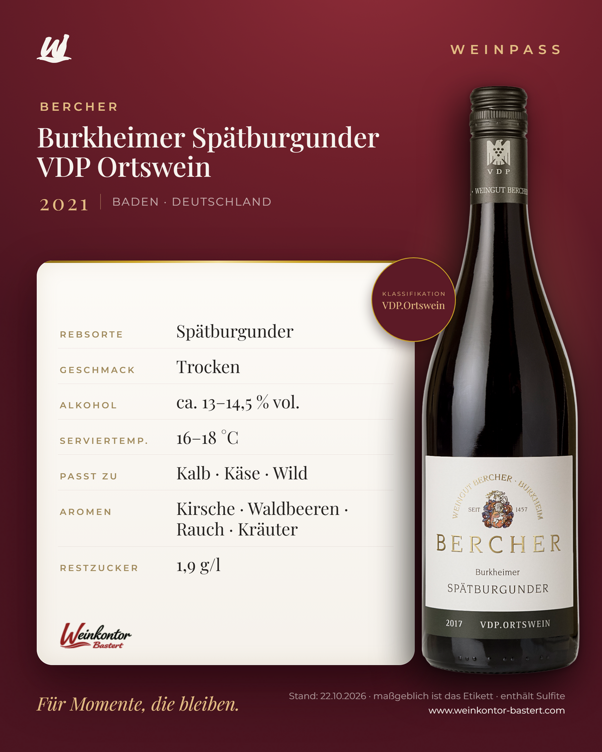 Burkheimer Spätburgunder Bercher VDP Ortswein – Baden – Weinpass | Weinkontor Bastert