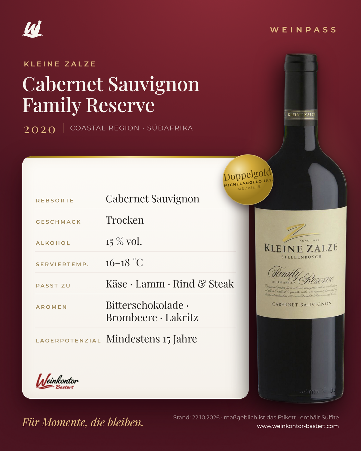 Cabernet Sauvignon Family Reserve Kleine Zalze – Coastal Region – Weinpass | Weinkontor Bastert