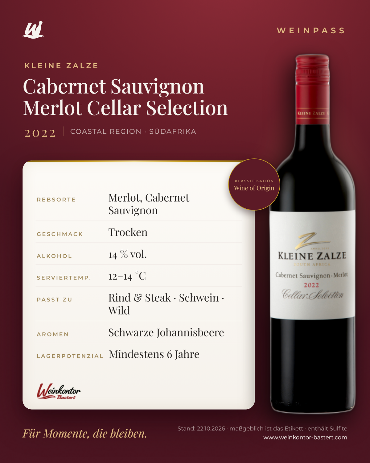 Cabernet Sauvignon Merlot Cellar Selection Kleine Zalze – Coastal Region – Weinpass | Weinkontor Bastert