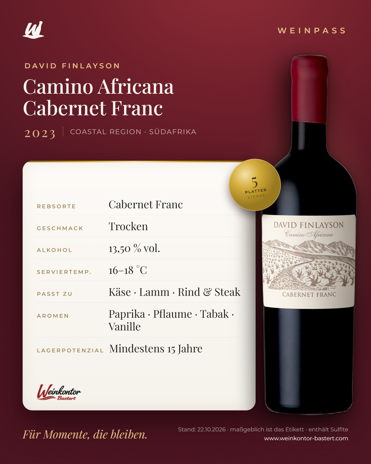 Camino Africana Cabernet Franc David Finlayson – Coastal Region – Weinpass | Weinkontor Bastert