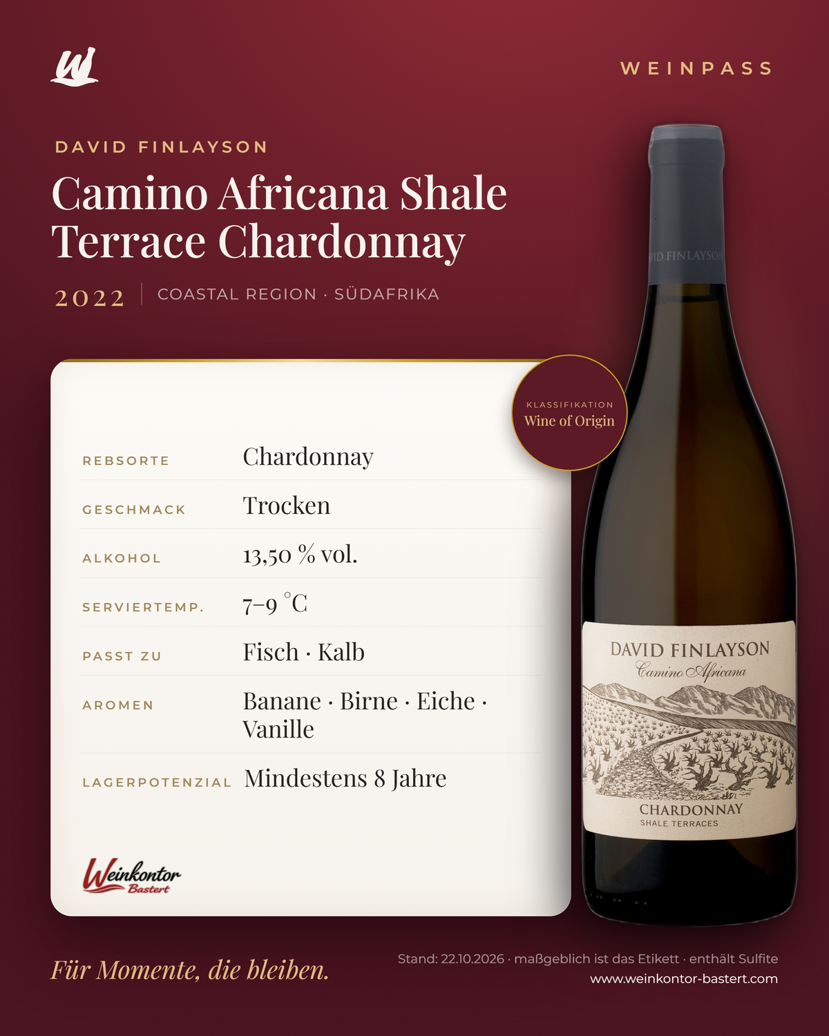 Camino Africana Shale Terrace Chardonnay David Finlayson – Coastal Region – Weinpass | Weinkontor Bastert