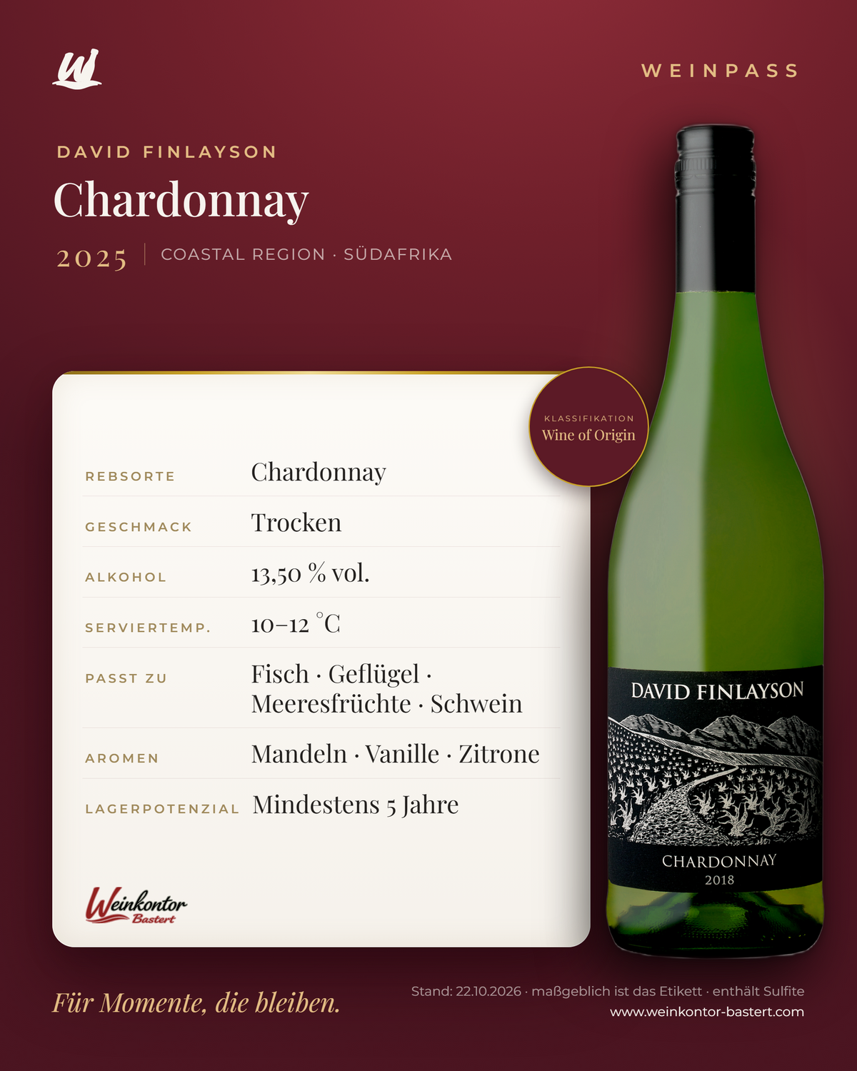 Chardonnay David Finlayson – Coastal Region – Weinpass | Weinkontor Bastert