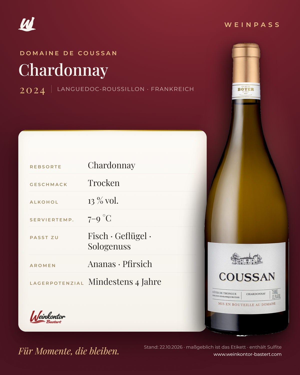 Chardonnay Domaine De Coussan – Languedoc-Roussillon – Weinpass | Weinkontor Bastert