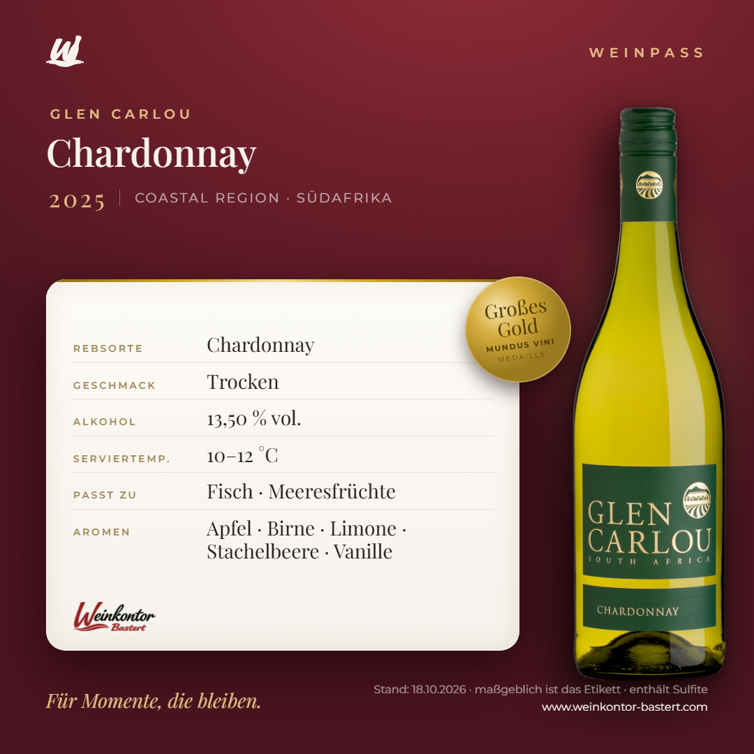 Chardonnay Glen Carlou – Coastal Region – Weinpass | Weinkontor Bastert