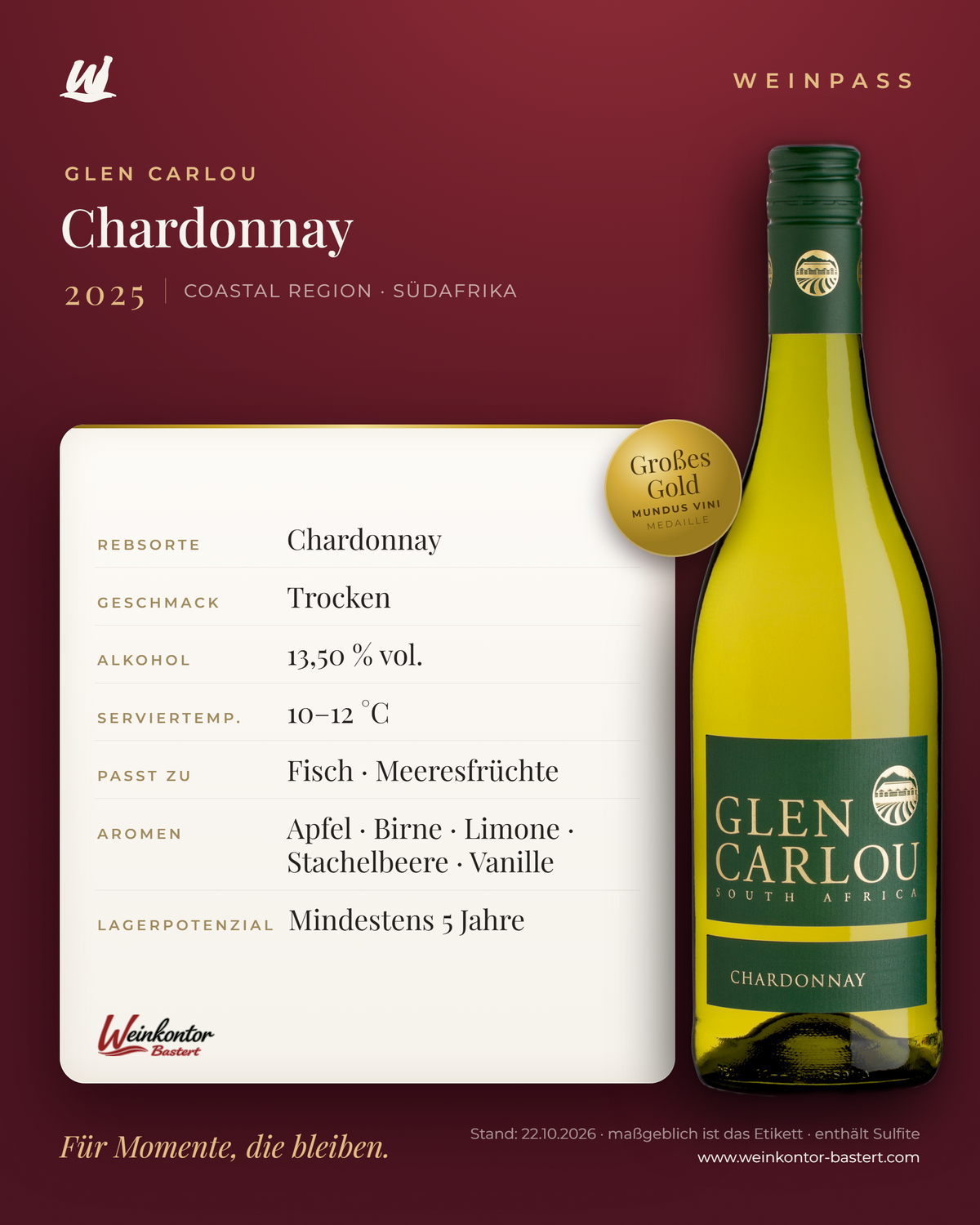 Chardonnay Glen Carlou – Coastal Region – Weinpass | Weinkontor Bastert