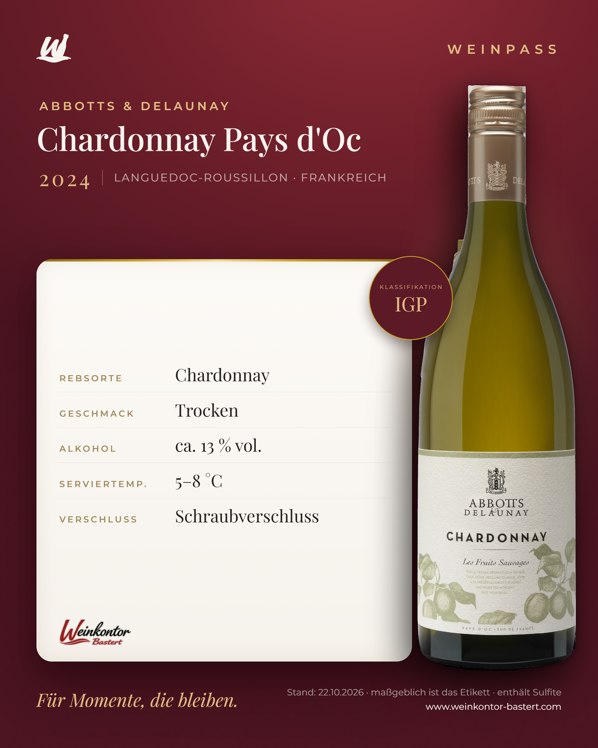 Chardonnay Pays d'Oc Abbotts & Delaunay IGP – Languedoc-Roussillon – Weinpass | Weinkontor Bastert