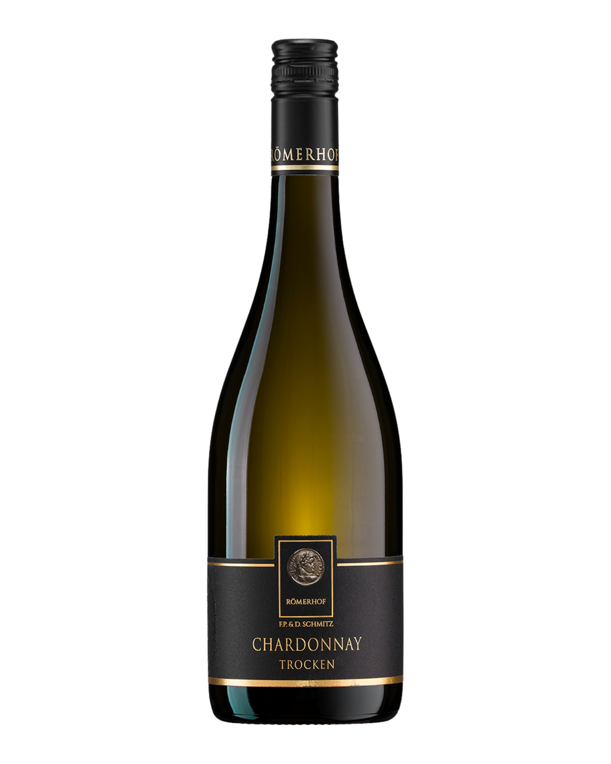 Flasche Chardonnay Römerhof aus Riol an der Mosel, ein trockener Qualitätswein.