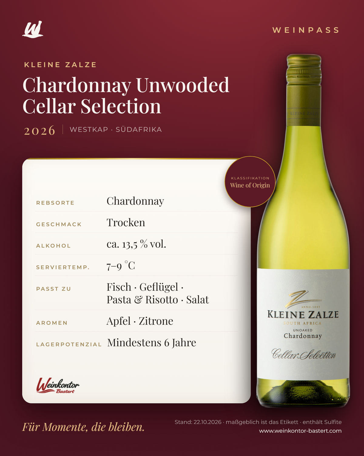 Chardonnay Unwooded Cellar Selection Kleine Zalze – Westkap – Weinpass | Weinkontor Bastert