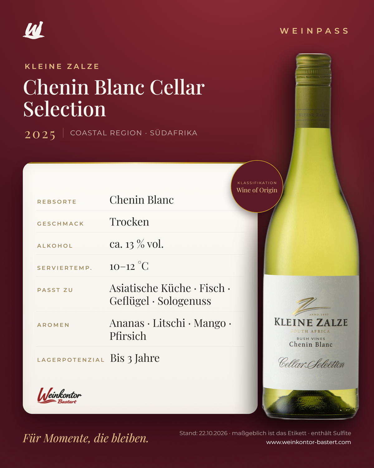 Chenin Blanc Cellar Selection Kleine Zalze – Coastal Region – Weinpass | Weinkontor Bastert