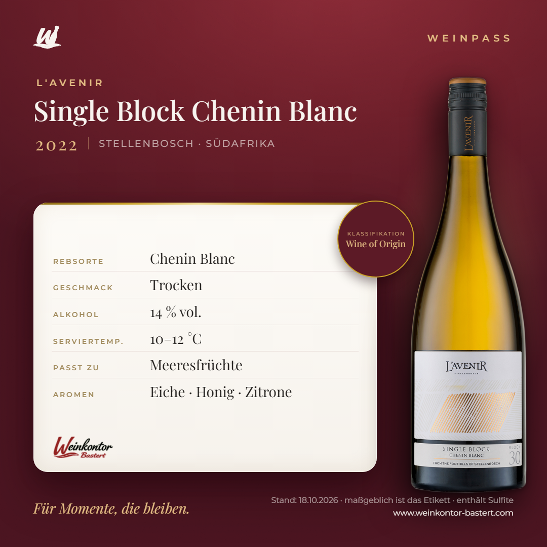 Single Block Chenin Blanc L'Avenir – Stellenbosch – Weinpass | Weinkontor Bastert