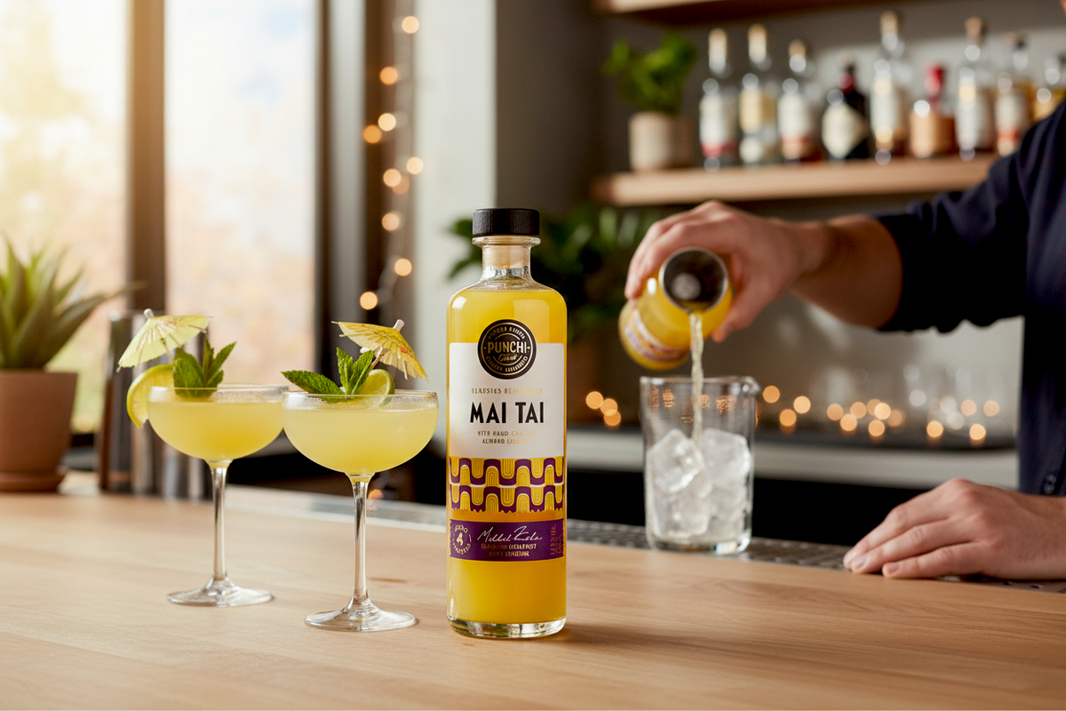 Flasche Cocktail Mai Tai von Punch Club an einer Bar, daneben zwei gefüllte Cocktailgläser mit Limette