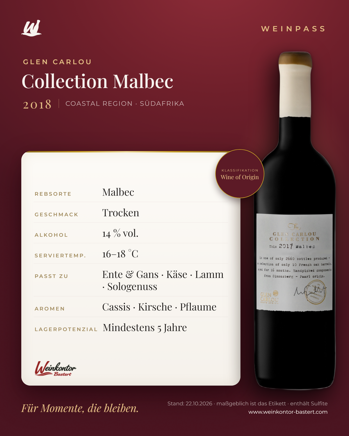 Collection Malbec Glen Carlou – Coastal Region – Weinpass | Weinkontor Bastert