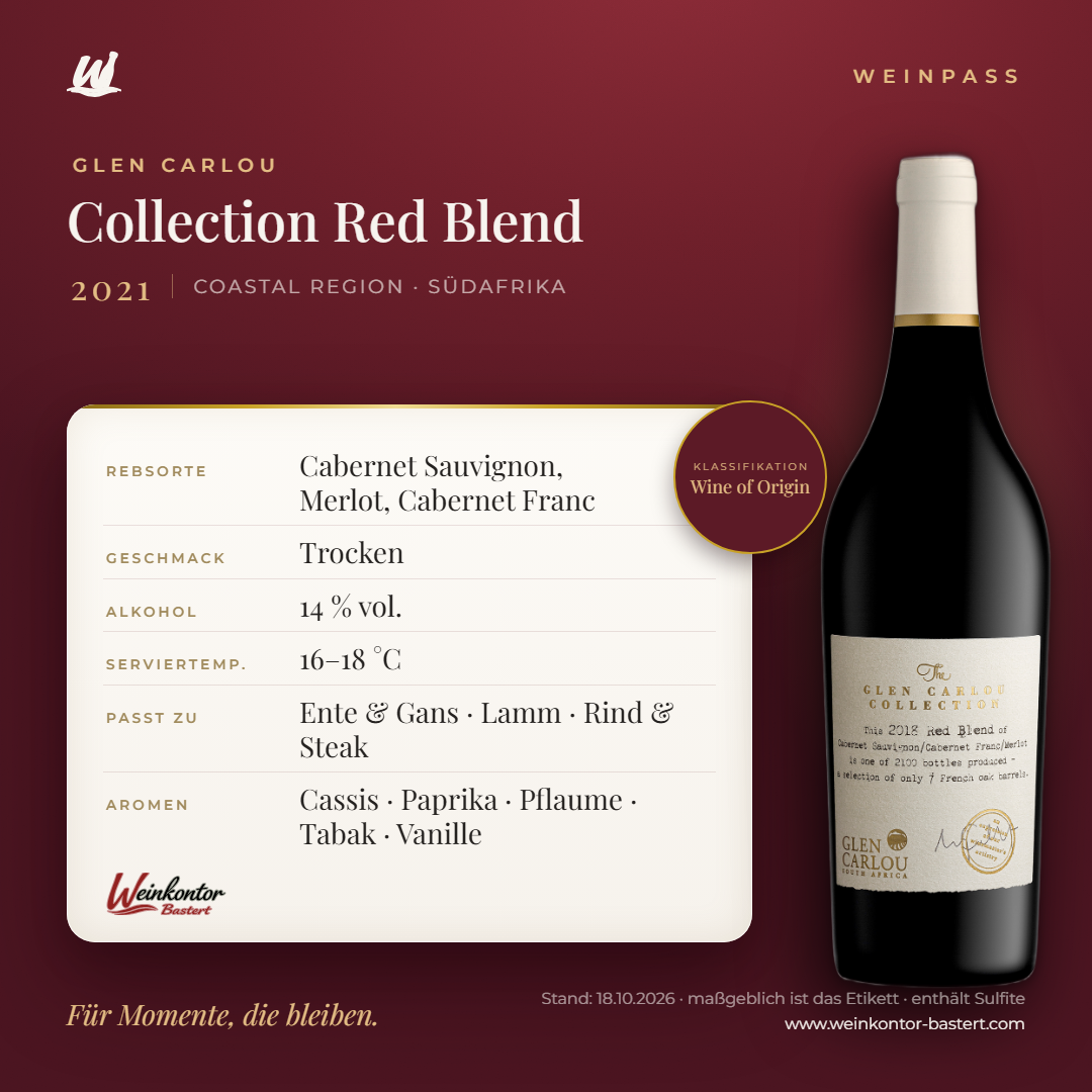 Collection Red Blend Glen Carlou – Coastal Region – Weinpass | Weinkontor Bastert