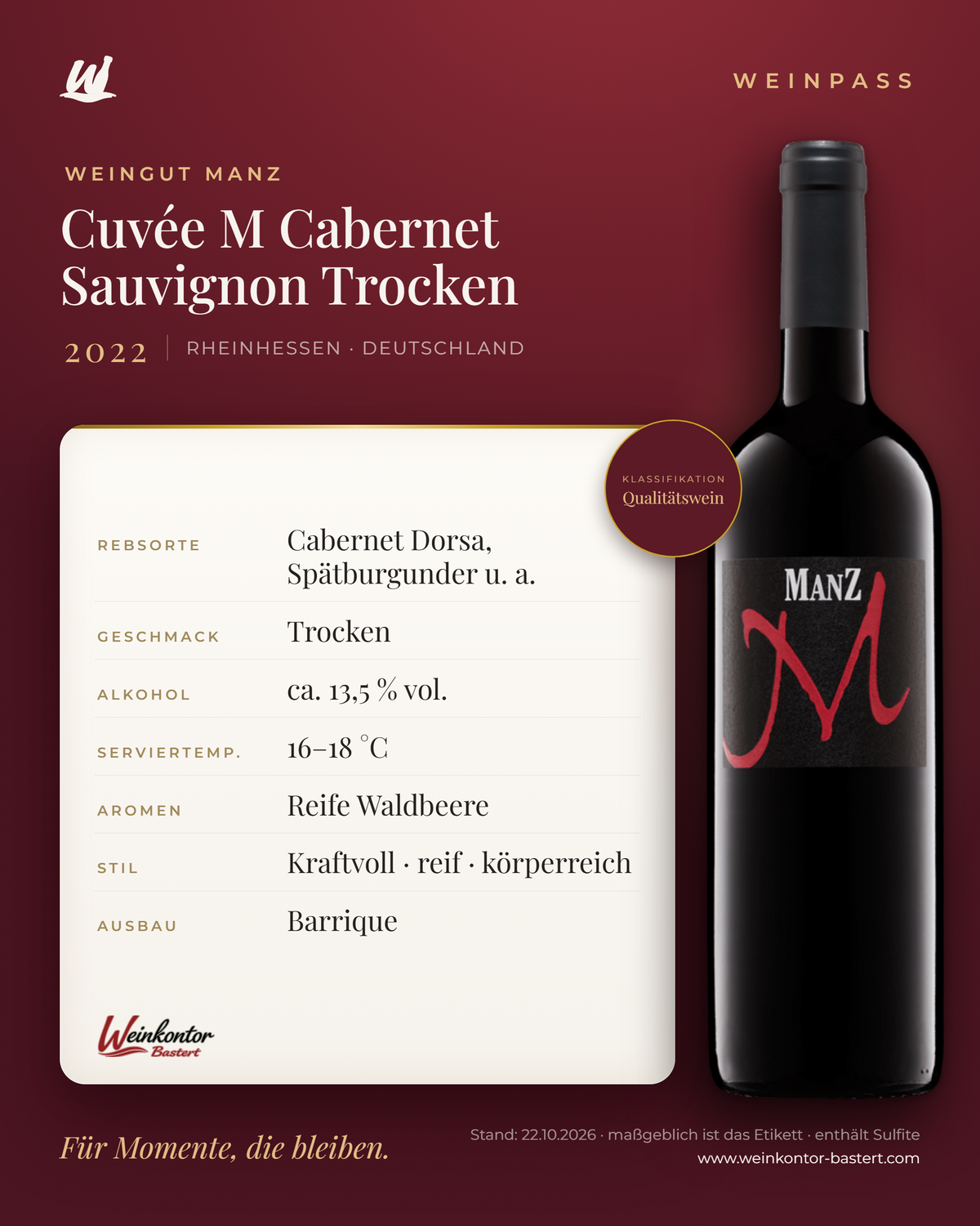 Cuvée M Cabernet Sauvignon Trocken Manz 6er-Karton – Rheinhessen – Weinpass | Weinkontor Bastert