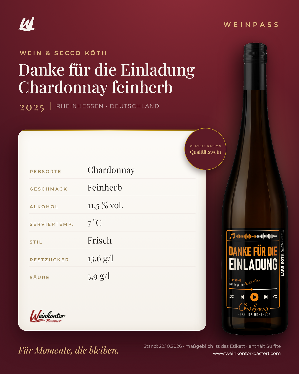 Danke für die Einladung Chardonnay feinherb Lars Köth Next Generation – Rheinhessen – Weinpass | Weinkontor Bastert