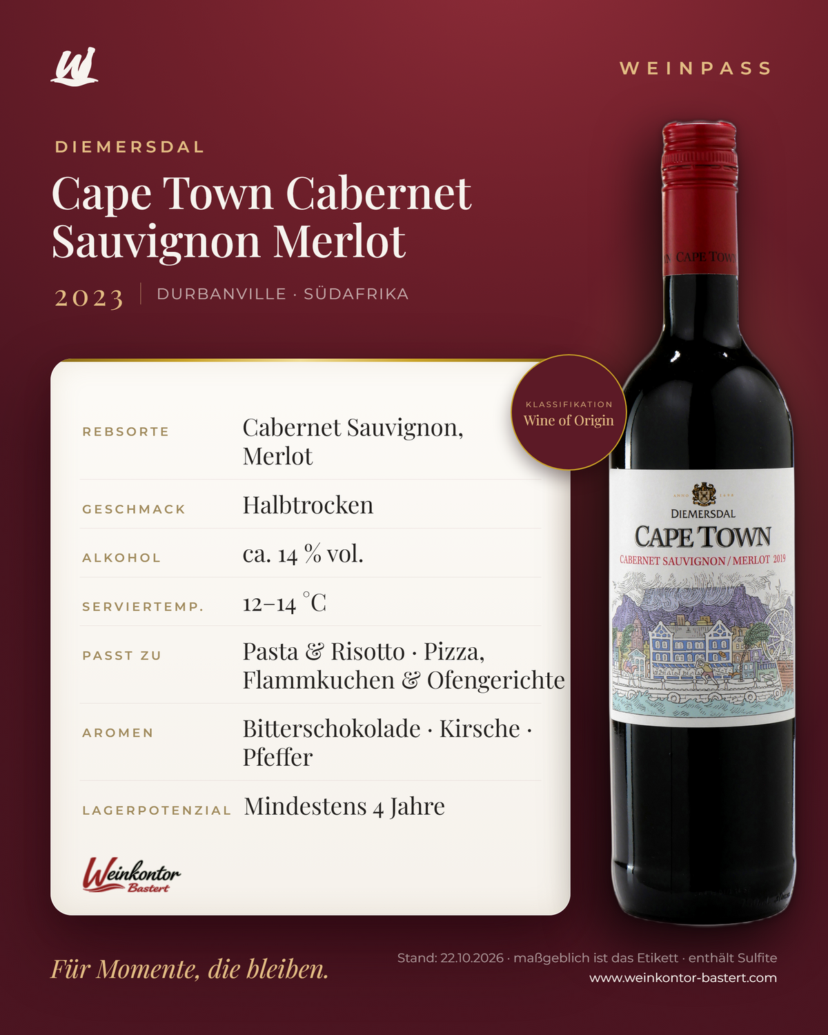 Diemersdal Cape Town Cabernet Sauvignon Merlot – Durbanville – Weinpass | Weinkontor Bastert