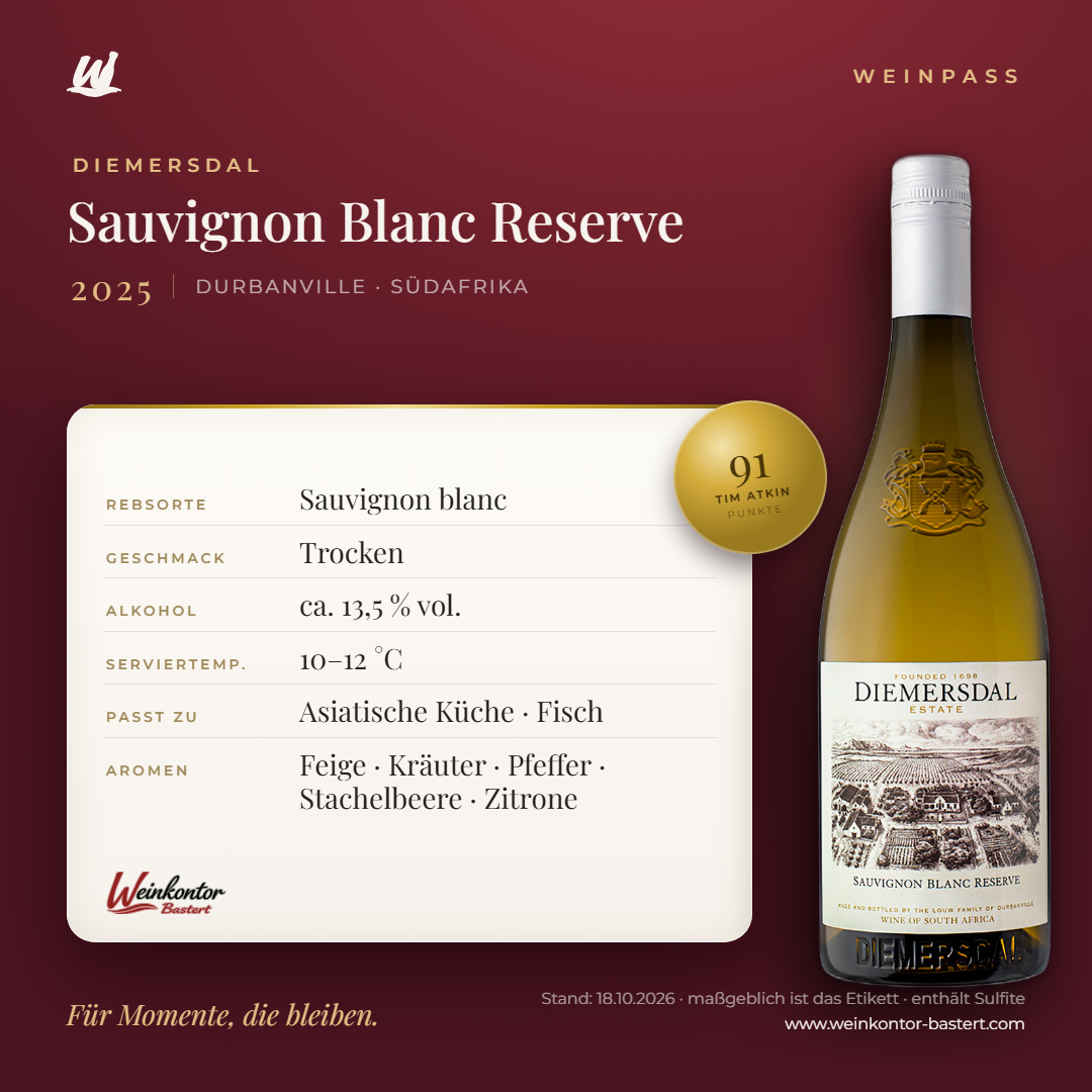 Diemersdal Sauvignon Blanc Reserve – Durbanville – Weinpass | Weinkontor Bastert