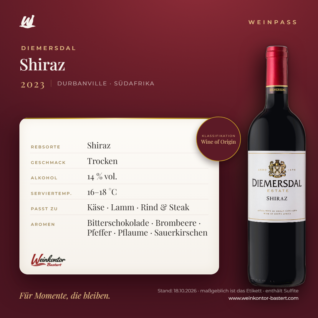 Diemersdal Shiraz – Durbanville – Weinpass | Weinkontor Bastert