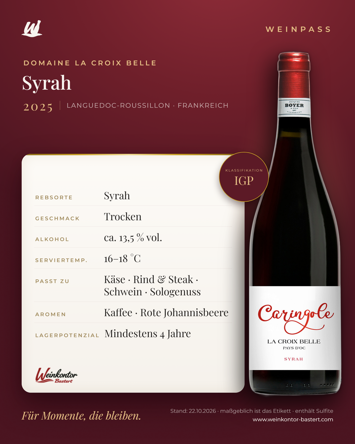 Domaine La Croix Belle Syrah – Languedoc-Roussillon – Weinpass | Weinkontor Bastert