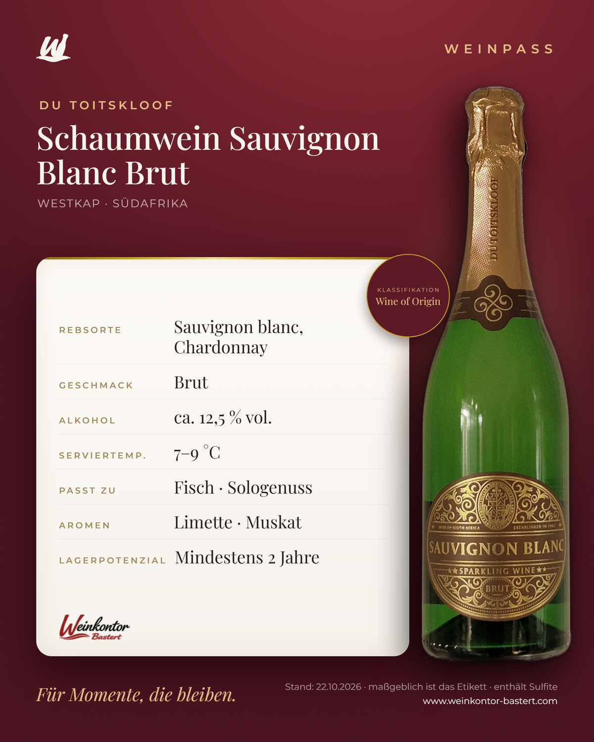 Du Toitskloof Schaumwein Sauvignon Blanc Brut – Westkap – Weinpass | Weinkontor Bastert