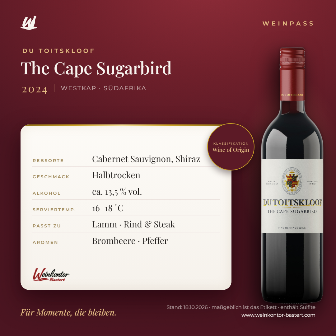 Du Toitskloof The Cape Sugarbird – Westkap – Weinpass | Weinkontor Bastert