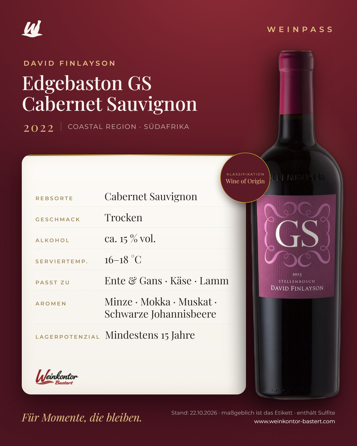 Edgebaston GS Cabernet Sauvignon David Finlayson – Coastal Region – Weinpass | Weinkontor Bastert