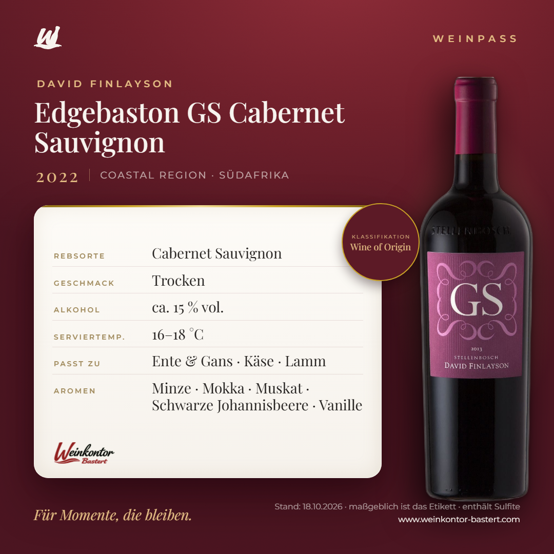 Edgebaston GS Cabernet Sauvignon David Finlayson – Coastal Region – Weinpass | Weinkontor Bastert