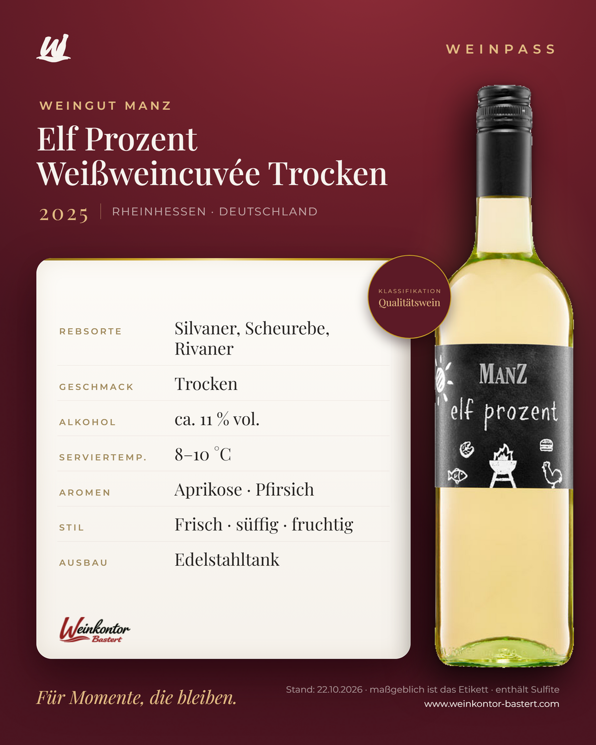 Elf Prozent Weißweincuvée Trocken Manz 6er-Karton – Rheinhessen – Weinpass | Weinkontor Bastert