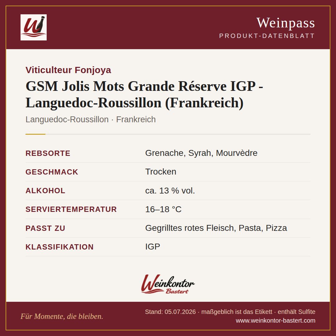GSM Jolis Mots Grande Réserve Fonjoya IGP – Rotwein – Languedoc-Roussillon, Frankreich – Steckbrief | Weinkontor Bastert