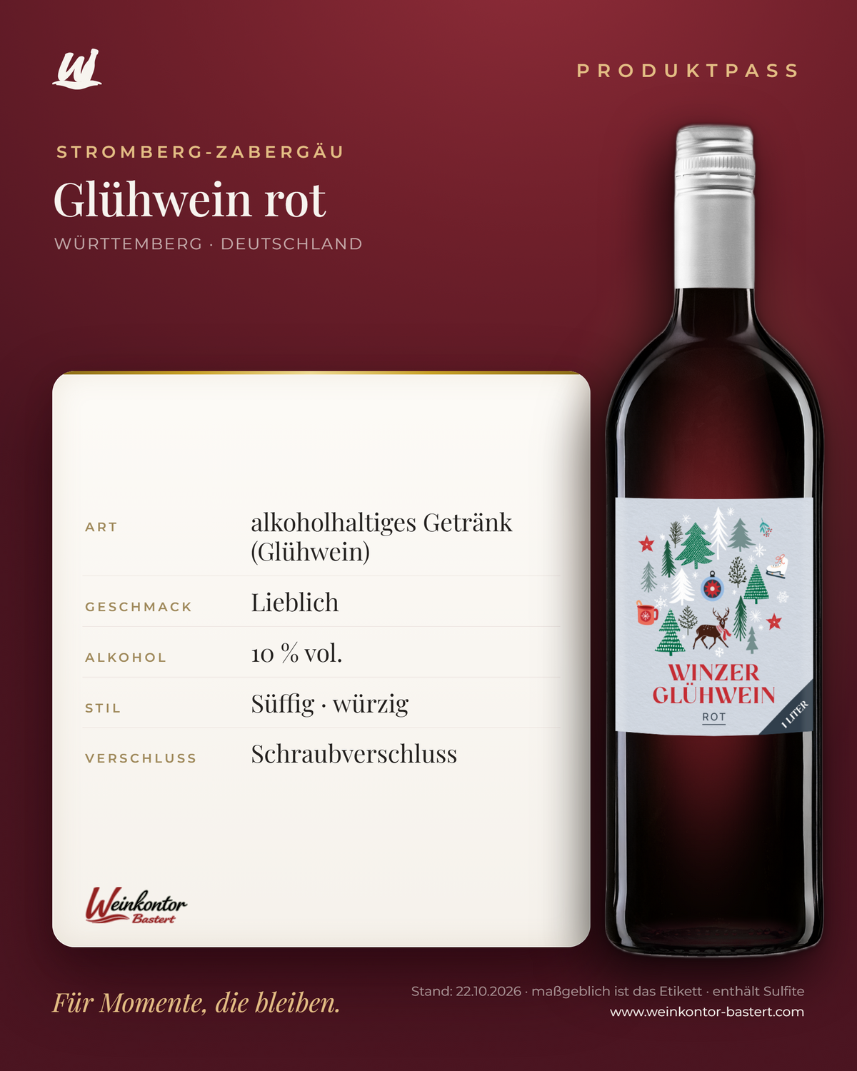 Glühwein rot Stromberg-Zabergäu 1 l – Produktpass | Weinkontor Bastert
