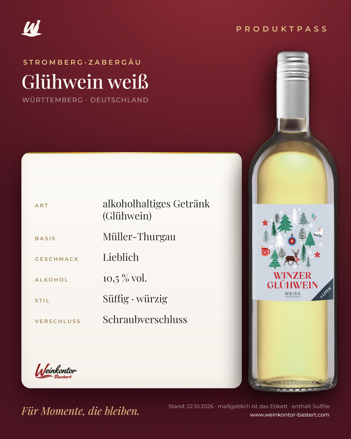 Glühwein weiß Stromberg-Zabergäu 1 l – Produktpass | Weinkontor Bastert