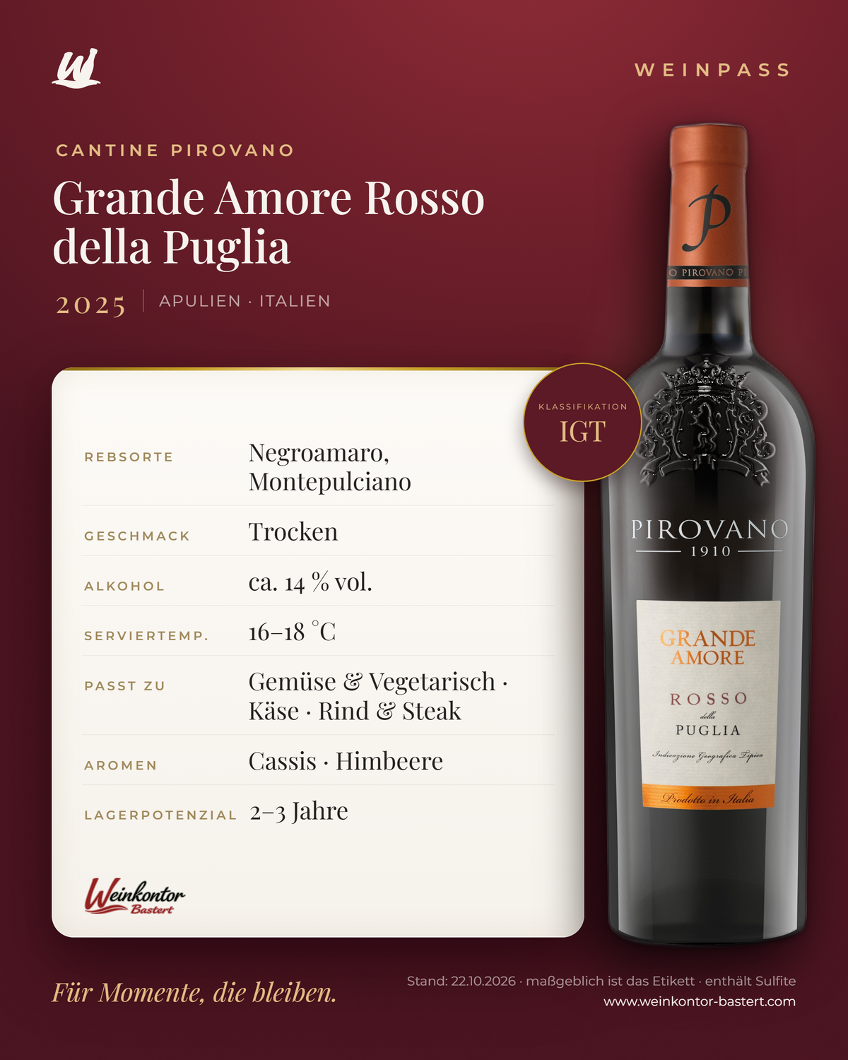Grande Amore Rosso della Puglia Cantine Pirovano IGT – Apulien – Weinpass | Weinkontor Bastert