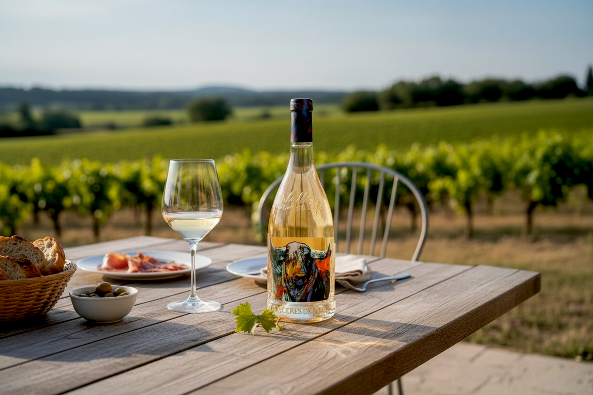 Flasche Grandes Arènes Costières de Nîmes Rosé mit einem Glas auf einem gedeckten Tisch im Weinberg