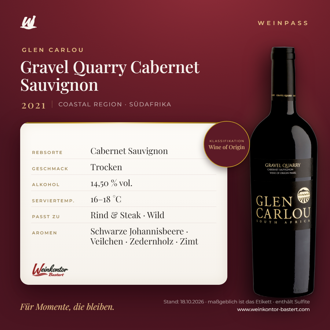 Gravel Quarry Cabernet Sauvignon Glen Carlou – Coastal Region – Weinpass | Weinkontor Bastert