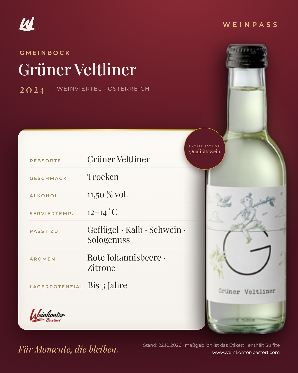 Grüner Veltliner Gmeinböck 0,25L – Weinviertel – Weinpass | Weinkontor Bastert