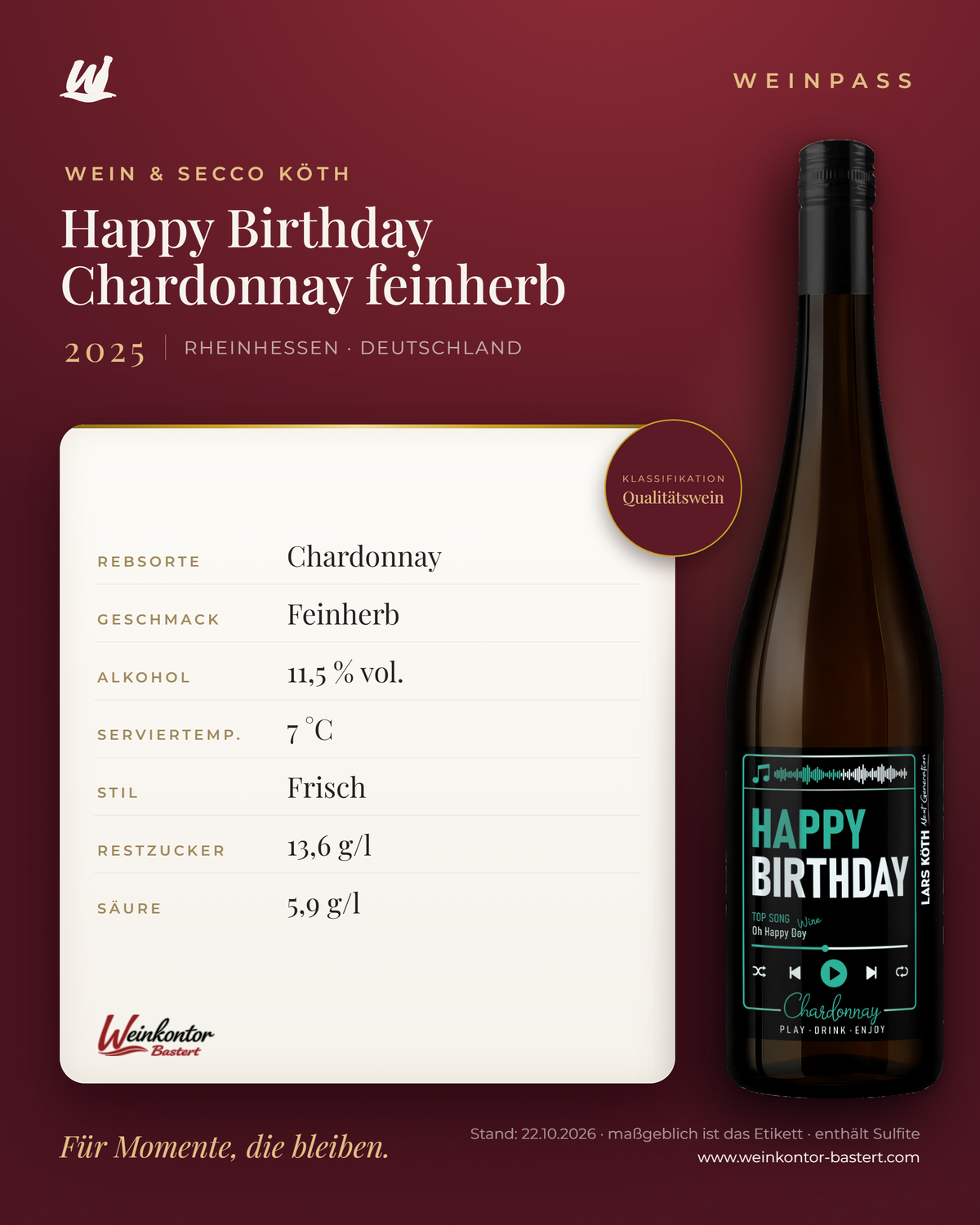Happy Birthday Chardonnay feinherb Lars Köth Next Generation – Rheinhessen – Weinpass | Weinkontor Bastert