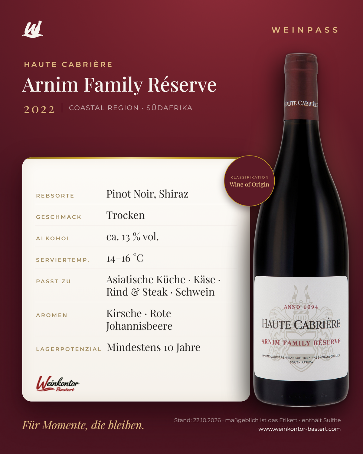 Haute Cabrière Arnim Family Réserve – Coastal Region – Weinpass | Weinkontor Bastert