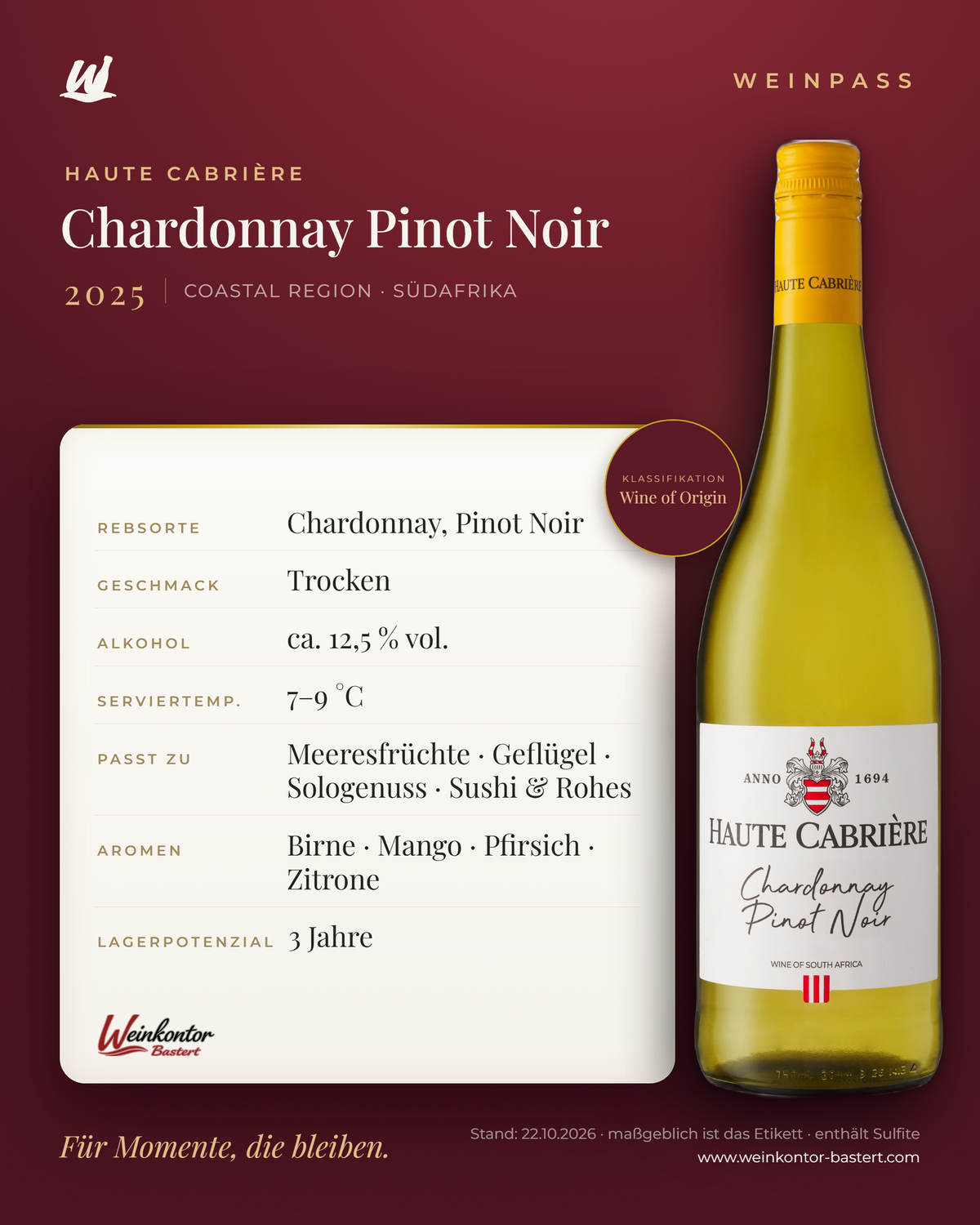 Haute Cabrière Chardonnay Pinot Noir – Coastal Region – Weinpass | Weinkontor Bastert