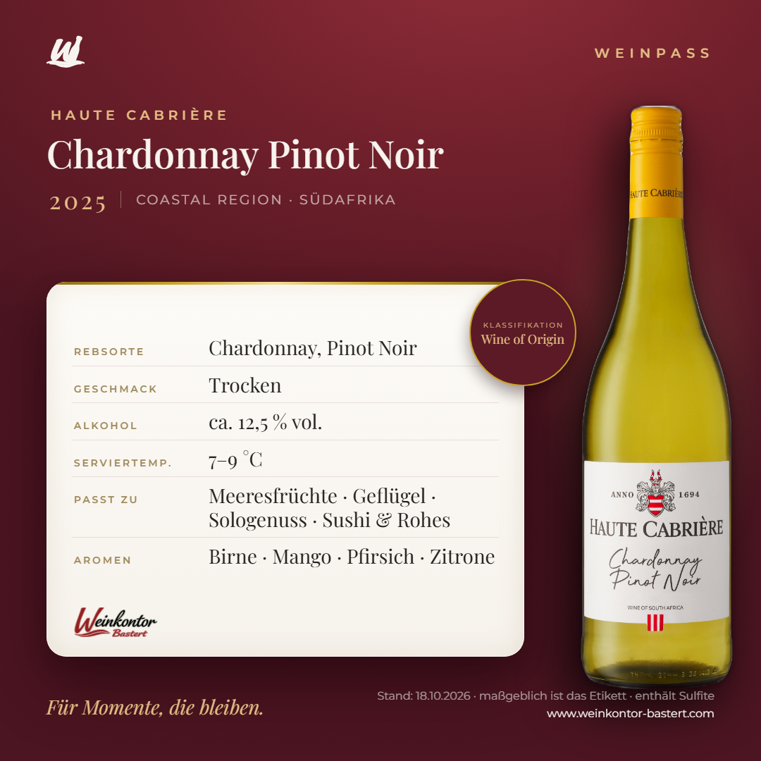 Haute Cabrière Chardonnay Pinot Noir – Coastal Region – Weinpass | Weinkontor Bastert