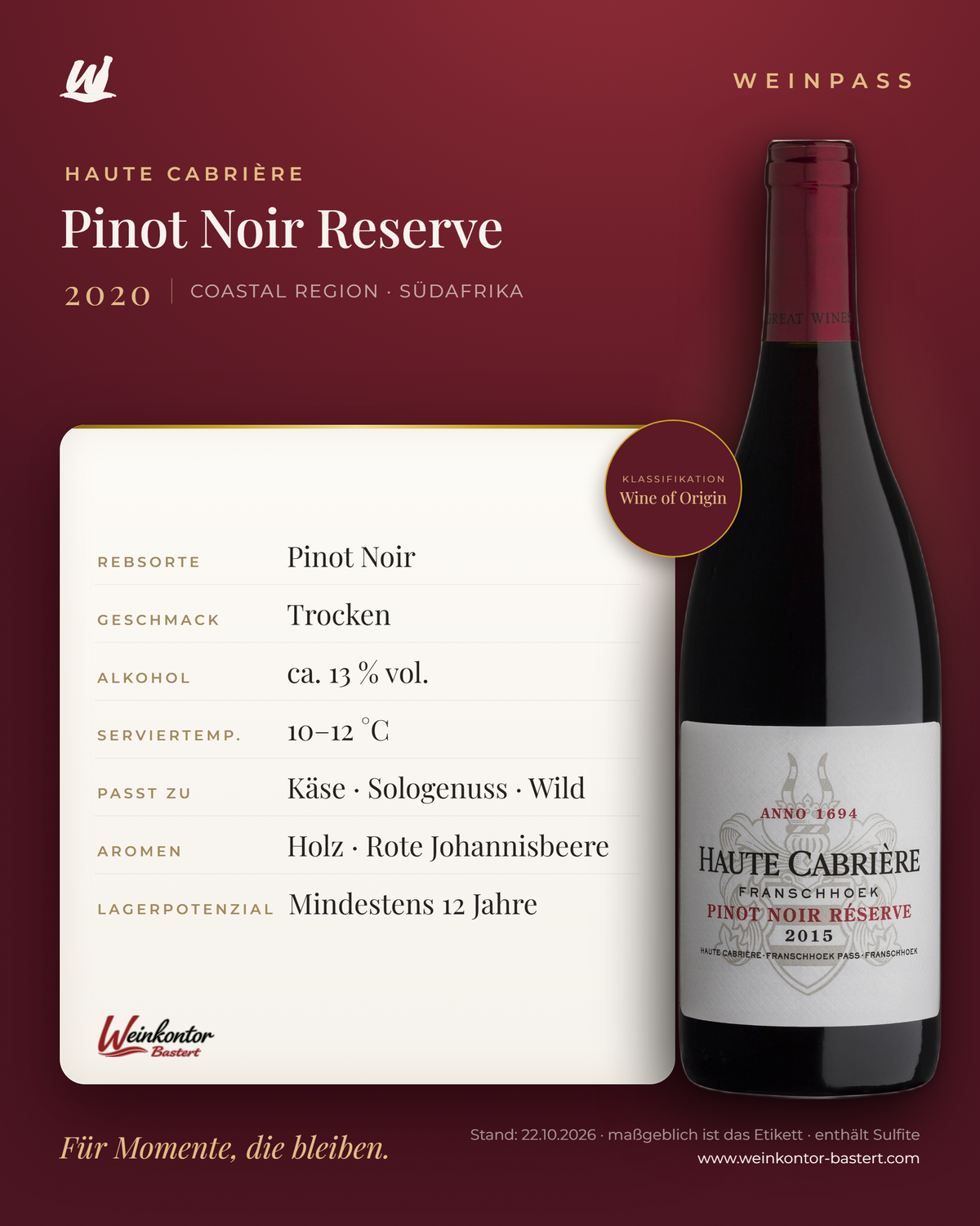 Haute Cabrière Pinot Noir Reserve – Coastal Region – Weinpass | Weinkontor Bastert