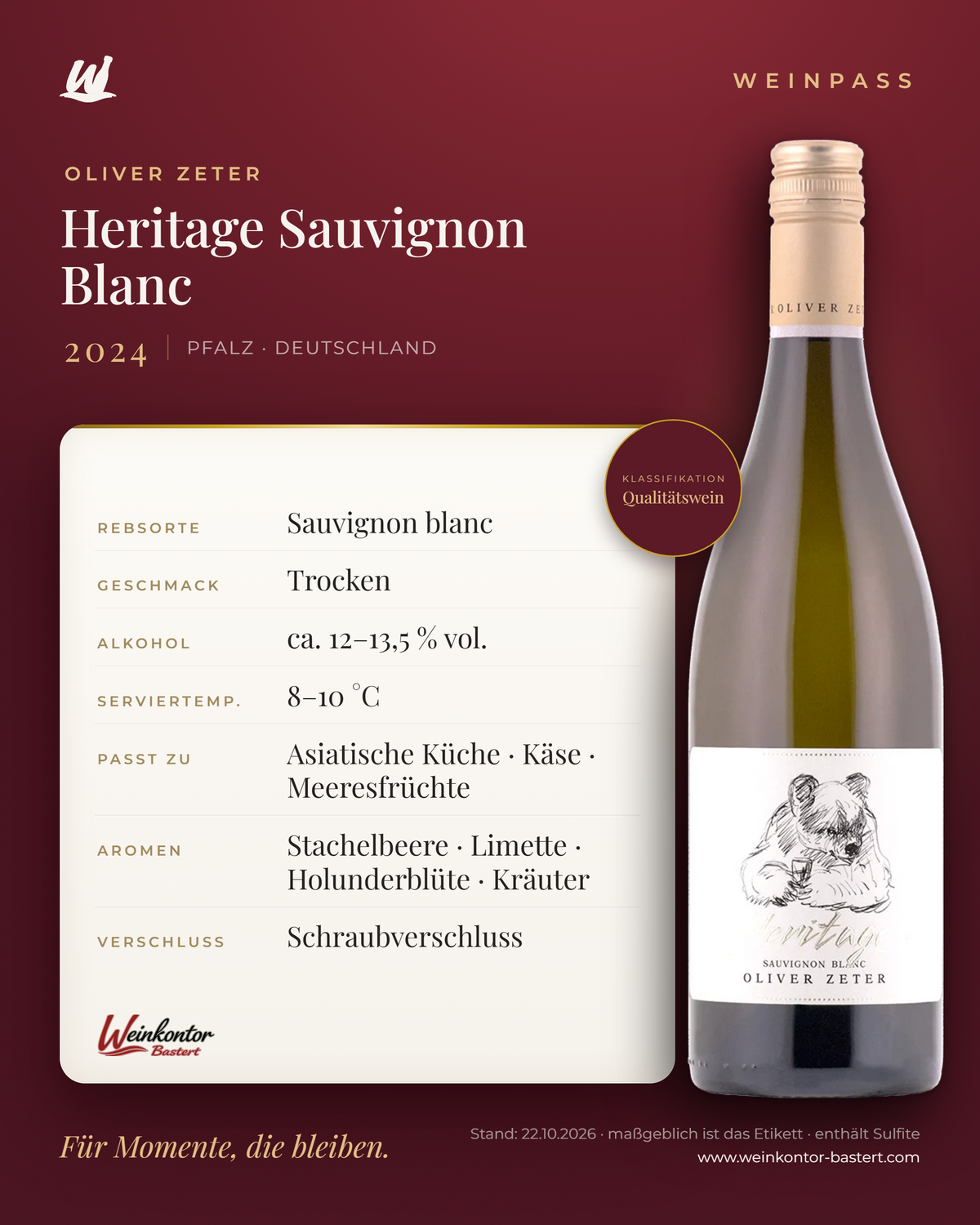 Heritage Sauvignon Blanc Oliver Zeter – Pfalz – Weinpass | Weinkontor Bastert